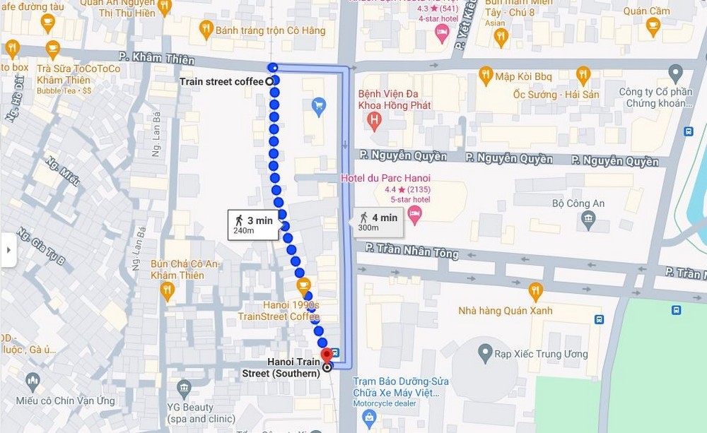 Map of Hanoi Train Street in Kham Thien and Le Duan Street